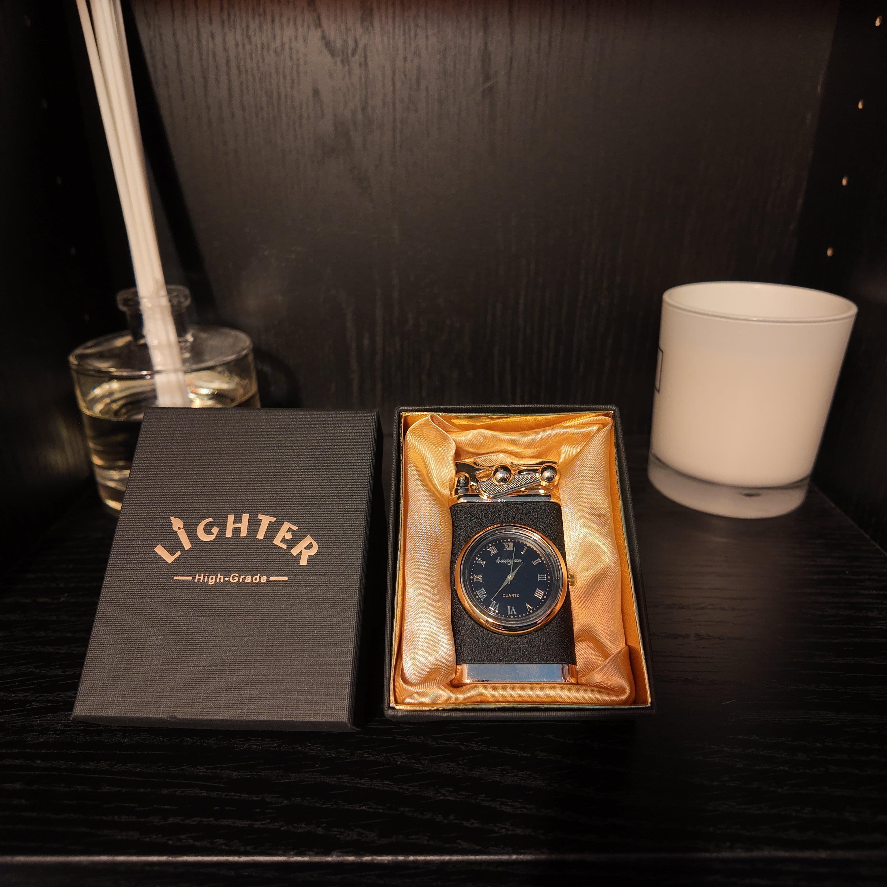 Luxury Black Marbel Refillable Flame Lighter with Quartz Clock