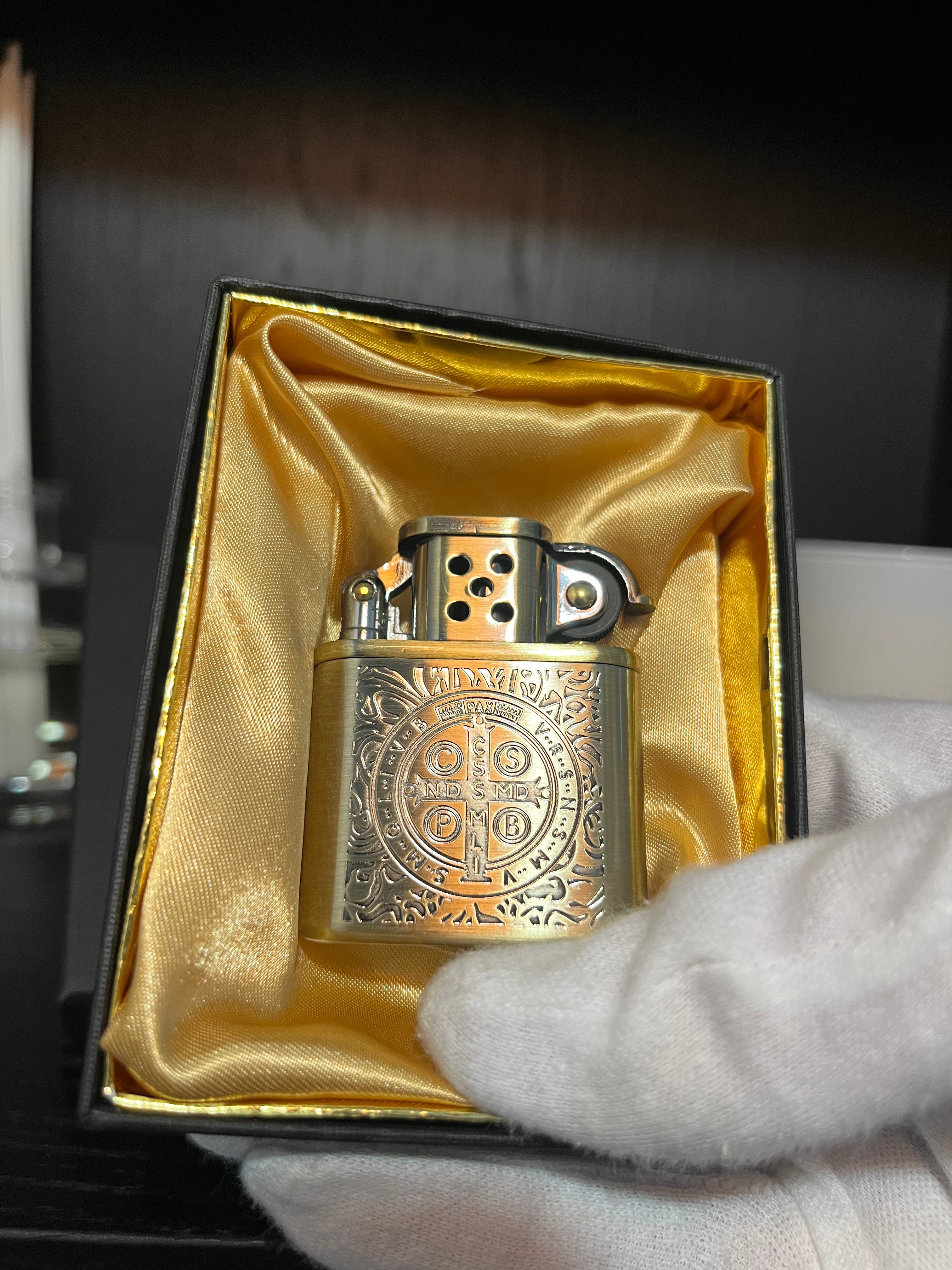 Saint Benedict Medal Engraved Brass Refilable Cross Lighter